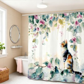 JONSEQIN Plants and Cat Shower Curtain Cute Cat Green Potted Floral Stall Floral Cute Kitty Funny Animal Greenhouse Garden Botanical Flowers Leaves Bathroom Decor Curtains 70x70 inch with Hook