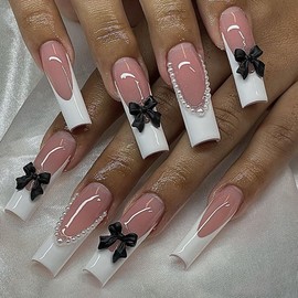 Press on Nails Medium 3D False Nails Artificial Butterfly with Pearls Full Cover Nails Acrylic Coffin Nails Reusable Glue on Nails DIY Stick on Nails for Women 24Pcs