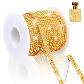 10-Yards Rhinestone Ribbon Self Adhesive, 2-Rows Bedazzling Crystal Diamond Sticker, 0.45CM Wide Sparkling Glass Rhinestones Strips Tape for DIY Craft, Car Decor, Home Decor, Party Supplies Gold