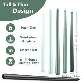BEARAE Taper Candles 12 Inch 6 Pack Unscented, 8 Hours Burn Time, Dripless Candle Sticks, Smokeless Dinner Candlesticks, Tall Tapered Candles, Long Candles for Christmas, Wedding Party and Home Decor