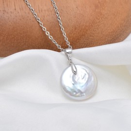 16-18 MM Coin Shaped Freshwater Pearl Sterling Silver Pendant Necklace for Women