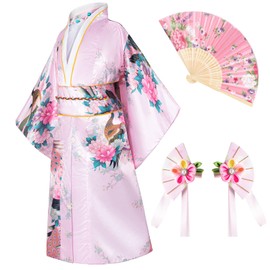 Japanese Traditional Dress Kimono Robe for Kids Girls Costume Silk Folding Fans hairstick Set(Pink140cm)
