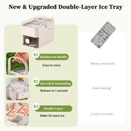 Compact Double Layer Ice Cube Tray with Lid and Bin, One-Click Demolding, Pull-Out Ice Drawer with Portable Handle, Includes 2 Large Ice Ball Molds (White)