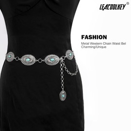 LEACOOLKEY Women Western Boho Chain Belt Country Concho Cowgirl Turquoise chain Belt,silver