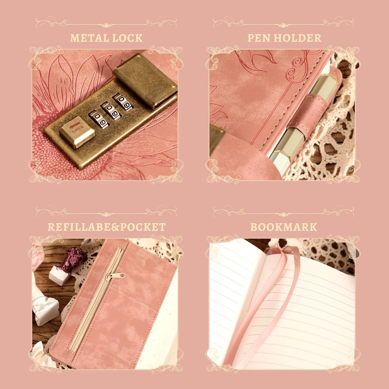 Lock Diary for Women Girls Vintage Lock Journal Refillable Personal