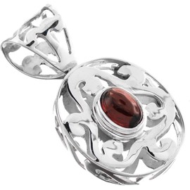 Red Garnet Wire Frame Filigree 925 Sterling Silver Pendant, 1 1/4"