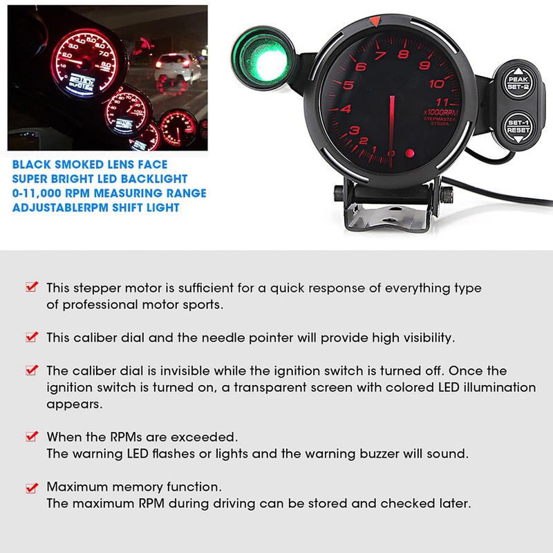 12 V 80mm 3.75in Tachometer Modified LED 11000 RPM Speed