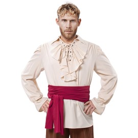 Men's Renaissance Victorian Medieval Pirate Shirt Lace Up Colonial Steampunk Costume Tops Waist Belt Set(Beige L)