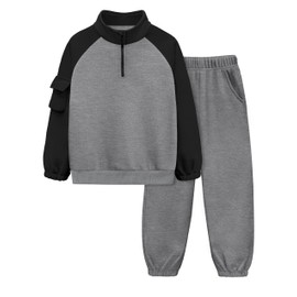 ADIRUN Boy Clothes for Boys 8-10 Boy Outfits Quarter Zip Long Sleeve with Pocket Sweatshirt Pants 2Pcs Color Block Fall Winter Clothing Sets Mock Neck Sweat Suits for Boys Grey 9-10Y
