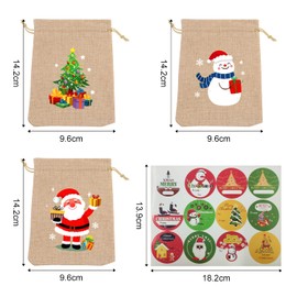 14-Pack Bag with 2 Christmas Stickers, Christmas Candy Bag, Burlap Mini Bag, Gift Bag with Drawstring, Kids Christmas Party Supplies for Gift Wrapping, Holiday Party