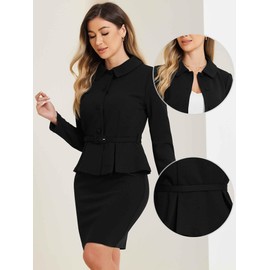 Allegra K Two Pieces Suits for Women's Business Peplum Blazer Jacket Mini Pencil Skirt Sets Large Black