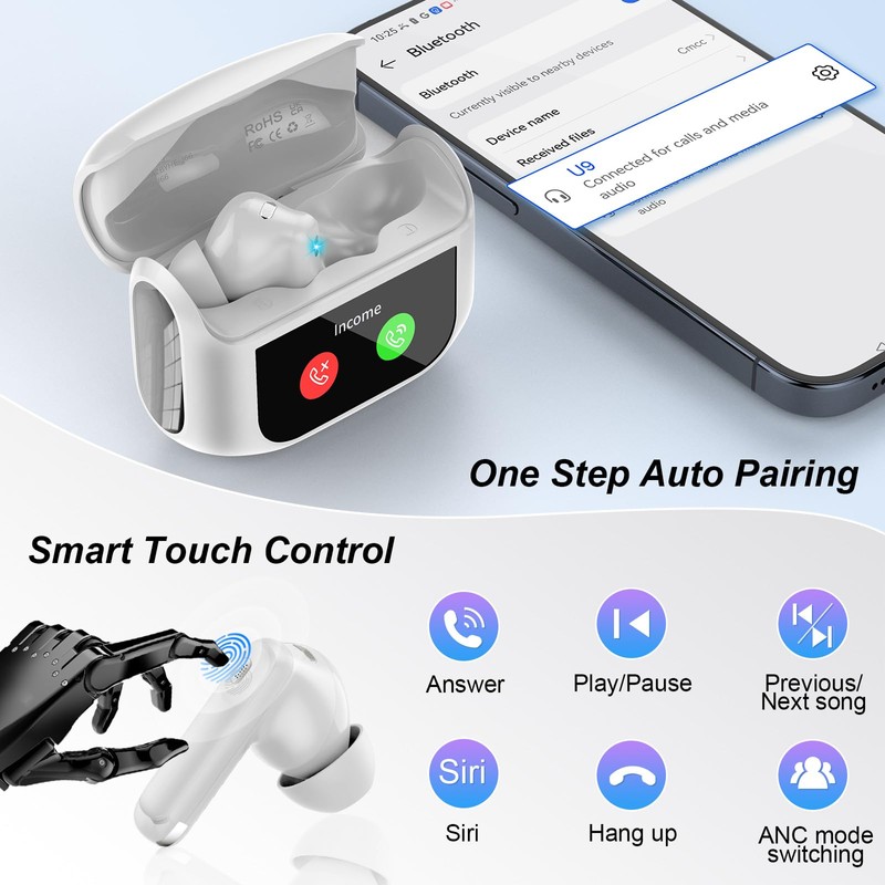 QXUFV Wireless Earbuds, Bluetooth 5.4 Headphones Multi-Function Touch Screen with