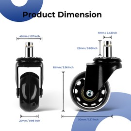 YADOBIG 5 x Office Chair Castors, Wheels for Office Chairs, 11 mm x 22 mm, Very Quiet Office Chair Castors, Rubber Castors, Hard Floor Castors for Carpet, Laminate and Tiles, 2 Inches