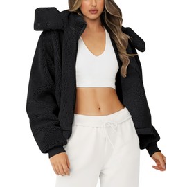 Micoson Womens Casual Fuzzy Warm Fleece Sherpa Jackets Ladies Winter Fashion 2024 Faux Fur Cardigans Soft Oversized Zipper Coats (Black, 2XL)
