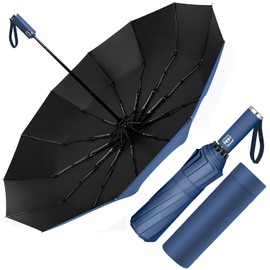 Windproof Umbrella Automatic Open and Close for Men and Women, Compact, 12 Bone Umbrella, Large, Diameter 105 cm, blue