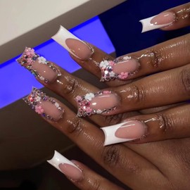 24Pcs Long Coffin Square Fake Nails Nude Glitter White Pink 3D Flower French Tip Long Coffin Press On Nails Square with Designs Full Cover Glossy False Nails,Acrylic Thick Glue on Nails, Stick on Nails For Women Daily Events JP2876