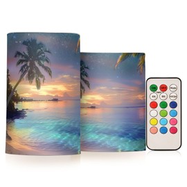 A Blue-green Lagoon under Blue-green Sea Water with White Beaches and Palm Trees Tropical Flowers Flickering Flameless Candles Battery Operated with Remote Timer,Tea Light Candles LED Pillar Votive