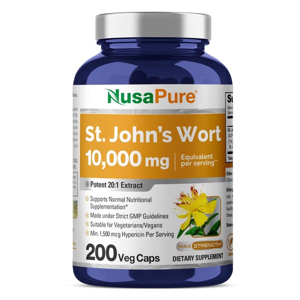 NusaPure St. John's Wort 10,000mg 200 Veggie Capsules (Vegetarian, Non-GMO)