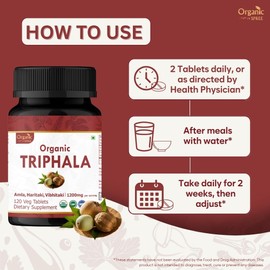 Organic Spree Triphala 120 Tablets | Amla, Haritaki & Bibhitaki | 1200mg per Serving | Organic and Natural | USDA Certified 120tab (1)