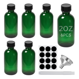 REUJIHXY 25Pcs Green 2 oz Glass Boston Bottles with Black Poly Cone Cap, 60ML Round Glass Bottle for Essential Oil, Perfume and Liquid Boston Round Bottles - UV Rays Protection (25)