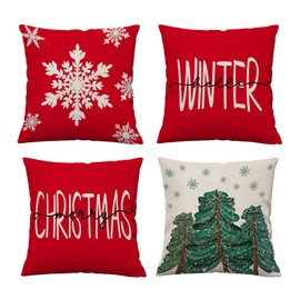 Christmas Pillow Covers 20x20 Set of 4 Christmas Decorations Red snowflake Xmas Tree Merry Christmas Pillows Hello Winter Holiday Throw Cushion Case for Home Outdoor Couch Covers Farmhouse Decor 20"