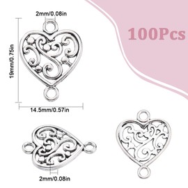 SUNNYCLUE 1 Box 100Pcs Silver Heart Connectors Love Connector Charm Hollow Alloy Antique Silver Tibetan Hearts Link Valentine Charms for jewellery Making Charms Women DIY Necklace Bracelets Crafts
