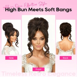 Messy Bun Hair Piece with Bangs – 2-in-1 Drawstring Ponytail Extension Updo Wig & Hair Topper with Long Side Bangs, Natural-Looking Hair Bun Hairpieces for Women - Off Black