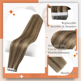 Full Shine Hair Extensions Real Human Hair Color 4P27 Medium Brown And Caramel Blonde Tape in Hair Extensions Cuticles Aligned Remy Seamless Skin Weft Brazilian Straight 20Inch 100G 40Pcs