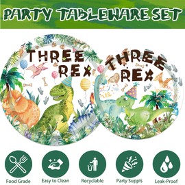 Dinosaur Birthday Decorations Tableware Set - 96 Pcs Three Rex Plates Napkins Party Supplies For Children Birthday Party Baby Shower Dinosaur Theme Party Decoration Serve 24 Guests