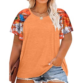 HDLTE Plus Size Tops Women Summer Hawaii Shirts Floral Tropic Print Crewneck T-Shirt B_07_hawaii_Orange 5X
