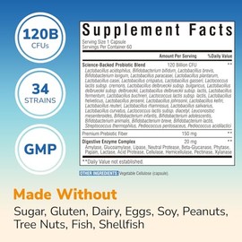 Vitalibre Probióticos para mujeres y hombres, 120 mil millones de UFC, 34 cepas, con enzimas digestivas y prebióticos, sin gluten, para la salud...   
