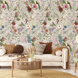 VEELIKE Grey Floral Vintage Songbird Wallpaper Peel and Stick Removable Chinoiserie Mural for Bedroom Bathroom 17.7''x354'' Self Adhesive Contact Paper for Drawers Cabinets