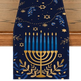 Artoid Mode Watercolor Star Olives Hanukkah Table Runner, Seasonal Chanukah Menorah Kitchen Dining Table Decoration for Home Party 13x120 Inch