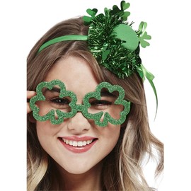 Smiffys Paddy's Day Mini Glitter Top Hat with Tinsel & Shamrocks, on Headband, St Patricks' Day Fancy Dress, Adult Dress Up Hats