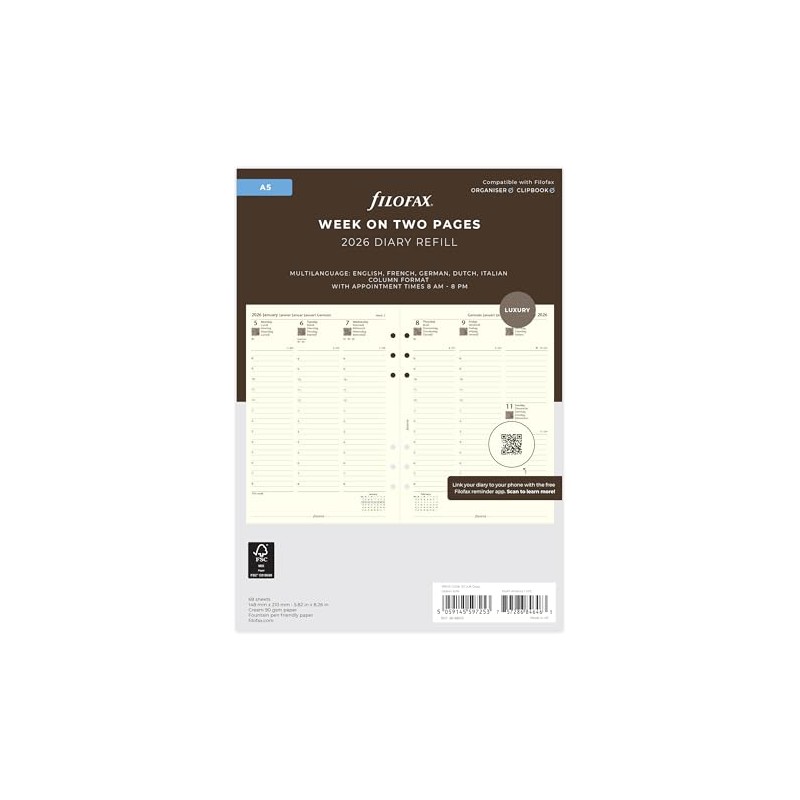 Filofax A5 week on two pages column format 5 language