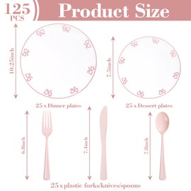 Joyido 125PCS Pink Bow Plastic Plates - White and Pink Rim Disposable Plates - 50 Elegant Plates with Bow knot Patterns, 25 Forks, 25 Spoons, 25 Knives for Birthday Baby Shower Wedding Party
