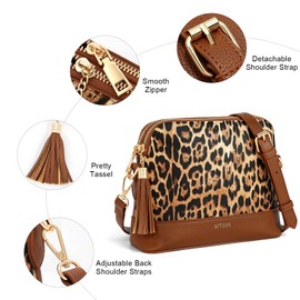 BITUOR Damen Handtasche, Leopardenmuster, PU-Leder, Schultertasche mit Quaste, 23 x 18 x 8 cm, Schwarz-Beige (Leopard Braun)