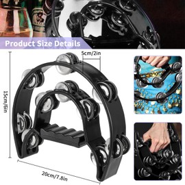 Double Row Tambourine Half Moon Tambourine Musical Instrument for Adults, 20 Metal Jingles Musical Percussion Tambourines, Heavy Duty Metal Handheld Percussion Instruments for Church Dance Party (BL)