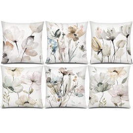 Brown White Grey Pillow Covers 16x16 Set of 6, Watercolor Flower Throw Pillow Cover for Couch, Modern Floral Cushion Cover for Sofa Bedroom Living Room Farmhouse Home Decor