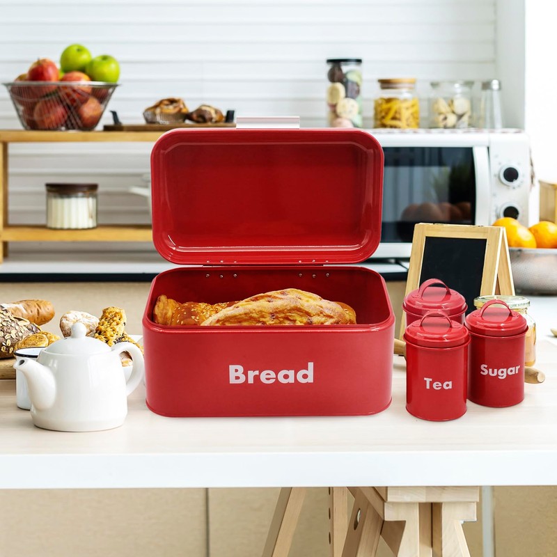 Plexon Bread Box for Kitchen Countertop with 3 Coffee, Tea,