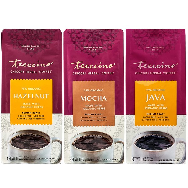 Teeccino Herbal Coffee Variety Pack - Hazelnut, Mocha and Java - Ground Herbal Coffee That’s Prebiotic, Caffeine-Free & Acid Free, Dark Roast, 11 Ounce (Pack of 3)