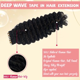 Deep Wave Tape in Extensions Human Hair 14inch Color #1B Natural Black 100% Real Human Hair Black Tape ins Hair Curly Wave Hair Extensions Invisible Skin Wefts Glue in Hair for Women 40PCS/100G