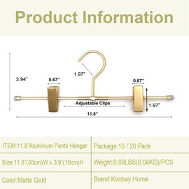 Koobay Shorts Hangers 20 Pack Jeans Hangers for Closet 11.8" Gold Aluminium Hangers with 2 Adjustable Clips Pants Hanger Shirt Slim Hangers for Men Women Metal Hangers
