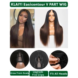KLAIYI Ombre Brown V Part Wig Yaki Straight Human Hair Upgrade U Part Wig with Dark Roots Glueless Chestnut Brown Clip in Half Wig No Glue No Leave Out Beginner Friendly Ready to Wear Go Wigs 26Inch