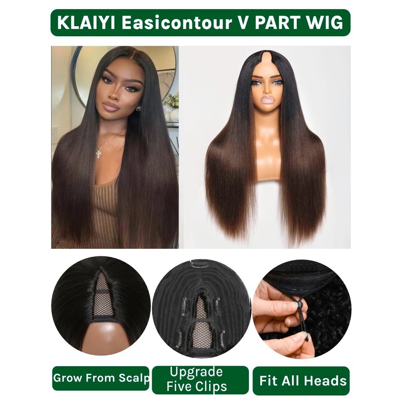 KLAIYI Ombre Brown V Part Wig Yaki Straight Human Hair
