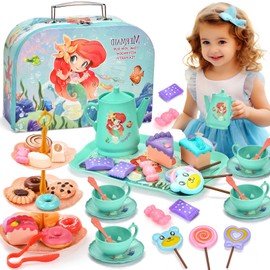 Mermaid Tea Party Set for Little Girls, 44PCS Food Sweet Treats Playset for Princess Tea Time Play Kitchen Toys Birthday Gifts for Age 3 4 5 6 Year Old Girls,Pretend Tin Teapot, Cups, Plates