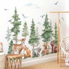 wondever wondever Mountain Tree Wall Stickers Large Pine Tree Forest Animal Bear Fox Peel and Stick Wall Art Decals for Baby Room Nursery Kids Bedroom Decor