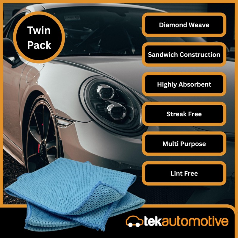 Tek Automotive Twin Pack Diamond Weave Microfibre Cloths – 40x40cm