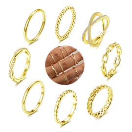 ZELORES 8Pcs 14K Gold Plated Rings for Women Stackable Thin Knuckle Rings Set CZ Criss Cross Midi Thumb Finger Rings Dainty Plain Band Gold Stacking Ring Size 6-10 (6)
