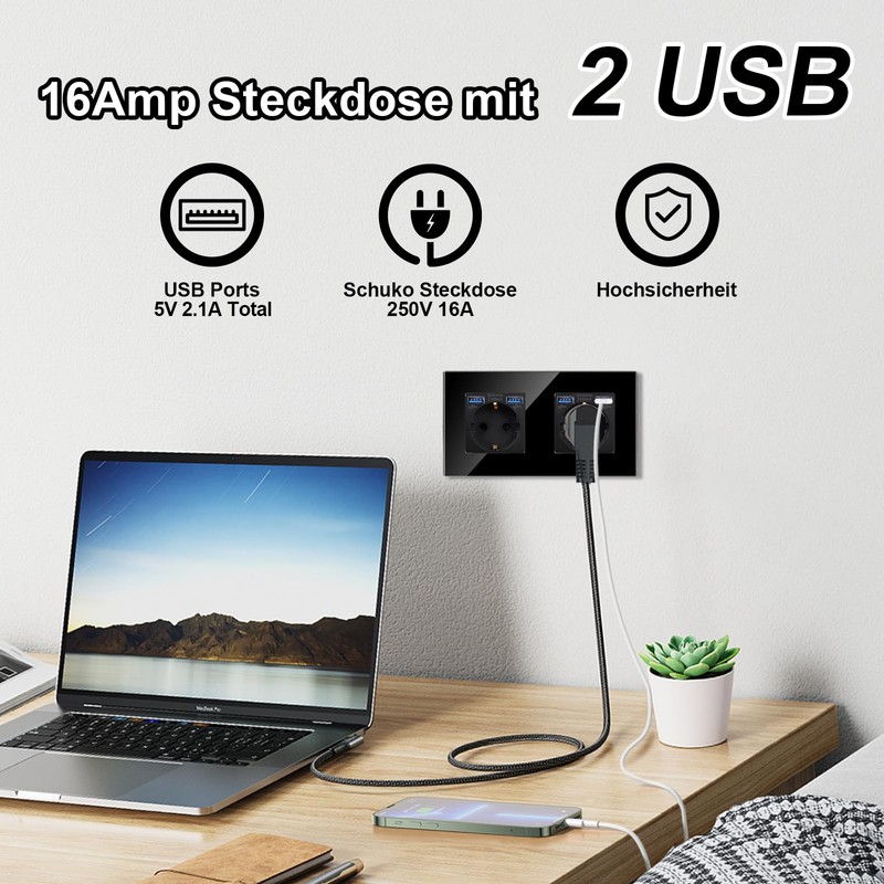 CNBINGO Glass Schuko Socket with USB Ports 2.1 Amp –